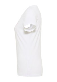 White cotton t-shirt with short sleeves, crew neckline, and a fitted shape. Features a printed design in pink on the front.