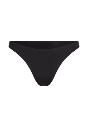 Czarne stringi wykonane z gładkiego, elastycznego materiału. Posiadają niską talię i minimalne zakrycie z tyłu. Prosty design, bez wzorów.