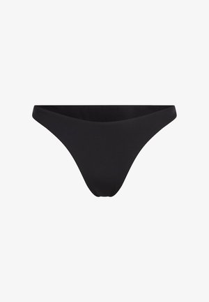 Czarne stringi wykonane z gładkiego, elastycznego materiału. Posiadają niską talię i minimalne zakrycie z tyłu. Prosty design, bez wzorów.