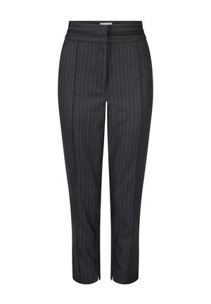 Donkergrijze pinstripe broek met een getailleerde pasvorm, voorzien van een hoge tailleband en een verkorte lengte. Gemaakt van een soepel textiel.