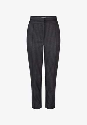 Dark gray pinstripe trousers with a tailored fit, featuring a high waistband and cropped length. Made with smooth textured fabric.