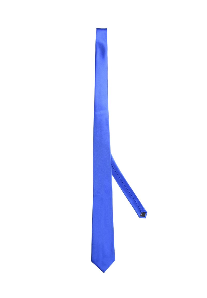 Cravatta di seta blu con una texture liscia, forma slim e punta appuntita, caratterizzata da un design semplice e priva di motivi o decorazioni visibili.