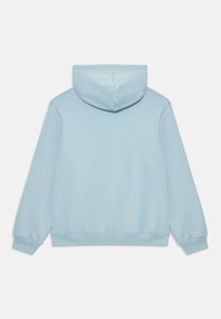 Hoodie de manga longa azul-claro visto pela parte de trás, com capuz e punhos e barra canelados, disposto em plano sobre um fundo branco.