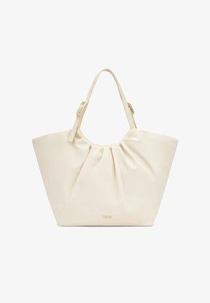 Borsa grande a tracolla color crema con dettaglio arricciato, spalline regolabili e piccolo logo dorato "TOUS" al centro davanti.