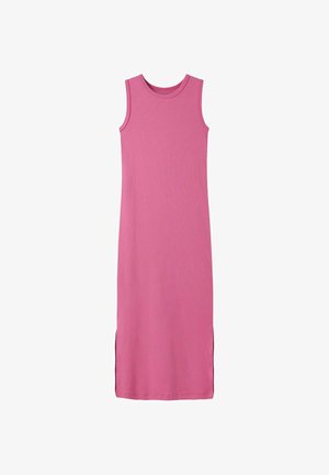 Robe midi rose sans manches avec encolure ronde et fentes latérales, en tissu côtelé, présentée sur fond blanc.