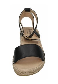 Black leather sandal with espadrille sole, featuring a wide strap, ankle supports, and stitched details along the edge. Flat base.