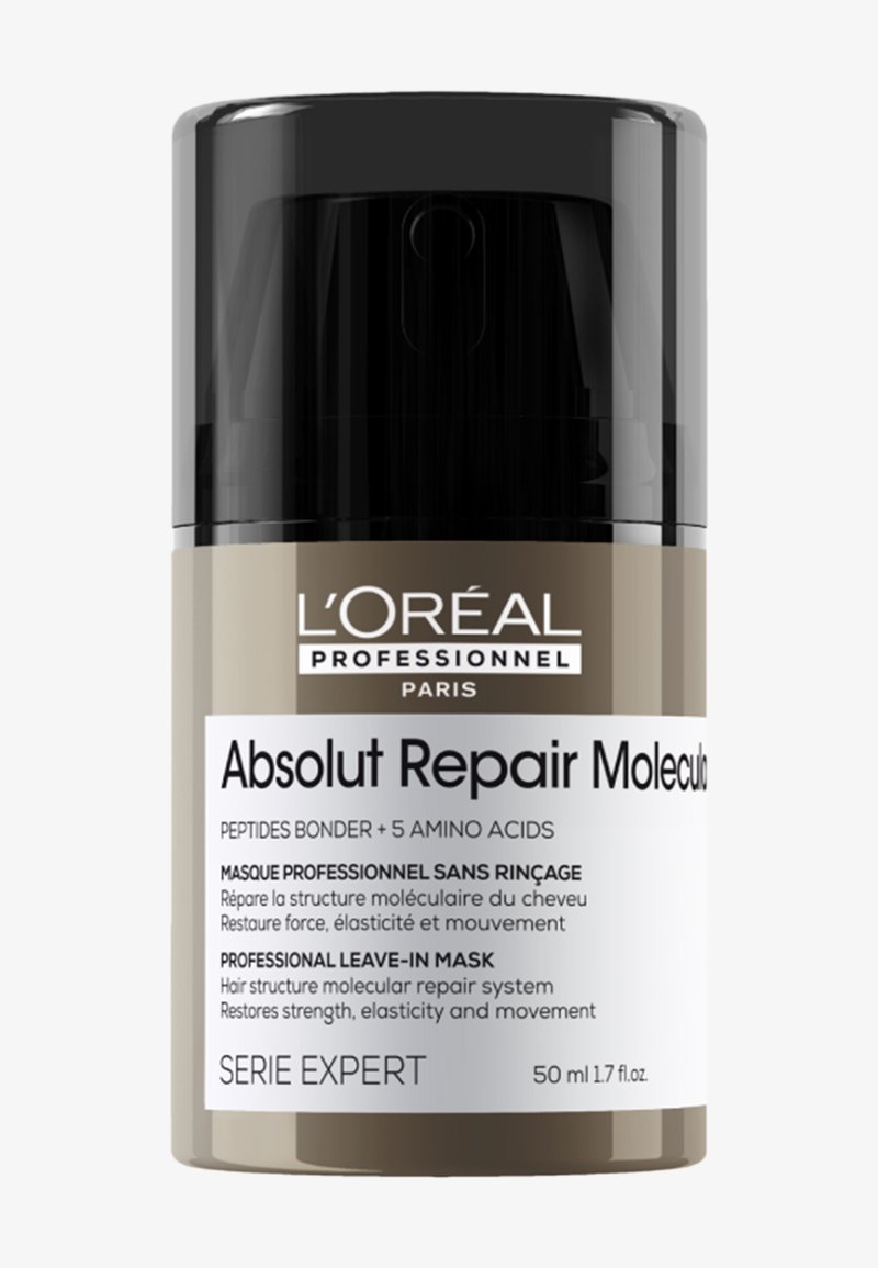 L'Oréal Professionnel Absolut Repair Molecular jätettävä hiusnaamio, 50 ml, sisältää peptidejä sitovia aineita ja 5 aminohappoa hiusten korjaukseen.
