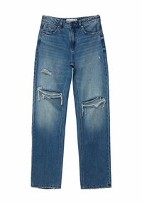 Vaaleansiniset kulutetut farkut suoralla istuvuudella. Mallissa on repeämät polvissa, klassinen viiden taskun malli ja näkyvät ompeleiden yksityiskohdat.