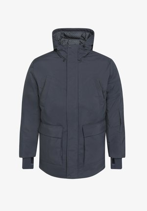 Marineblaue wasserdichte Winterjacke mit Kapuze, zwei Fronttaschen, elastischen Bündchen und einem Reißverschluss. Glatte Textur; strukturiertes Design.