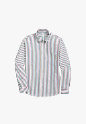 Gestreept overhemd met verticale lijnen in wit, lichtblauw, rood en teal. Kraagontwerp met een borstzak en omgeslagen mouwen.