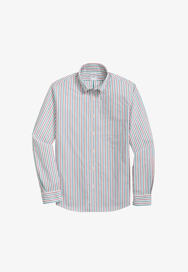 Gestreifte Herrenhemd mit vertikalen Linien in Weiß, Hellblau, Rot und Türkis. Mit Kragen, Brusttasche und geknöpften Ärmeln.
