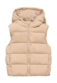 béžový puffový vest s kapucňou, ktorý má predné zipsové zapínanie a prešívaný design. Mäkká, hladká tkanina s ľahkým vzhľadom.