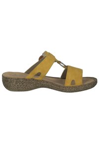 Yellow suede wedge sandal with an open-toe design, cross straps, cut-out accents, and a textured jute midsole.
