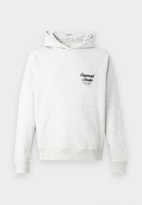 Grå hettegenser i myk stoff, med en frontlomme, ribbestrikkede ermer, og et brodert "Originals Studio"-logo på brystet.