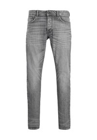 Vaqueros de denim gris con un corte ajustado, diseño de cinco bolsillos, ligero desgaste en la tela y costuras en contraste. Cerrados con un botón de metal y cremallera.