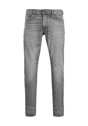 Šedé denimové džínsy so slim fit strihom, dizajnom s piatimi vreckami, svetlými žmolkovými detailmi a kontrastným prešívaním. Zapínajú sa na kovový gombík a zips.