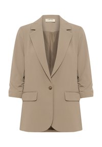 Beige tailored blazer s jediným knoflíkem, kapsami a nařasenými 3/4 rukávy, vyrobený z hladkého materiálu s jemným leskem.