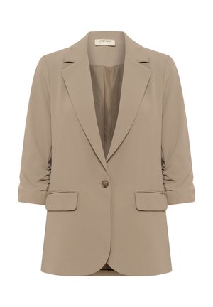Beige skräddarsydd blazer med en knapp, fickor och rynkade 3/4-ärmar, tillverkad av ett mjukt tyg med en subtil lyster.