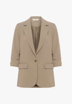 Beige tailored blazer s jediným knoflíkem, kapsami a nařasenými 3/4 rukávy, vyrobený z hladkého materiálu s jemným leskem.