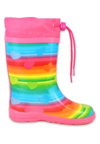 Kleurige rubberen regenlaars met een roze manchet, voorzien van een regenboogstrepenpatroon versierd met meerkleurige harten. Glad, glanzend oppervlak.