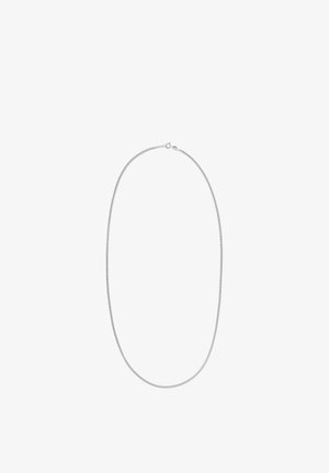 Zarte Silberkette mit kleinem rundem Verschluss, auf weißem Hintergrund präsentiert.