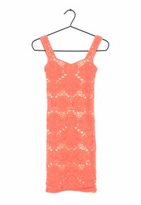 Coral lace dress with a fitted bodycon shape, featuring a scoop neckline and wide straps. Intricate floral patterns throughout.