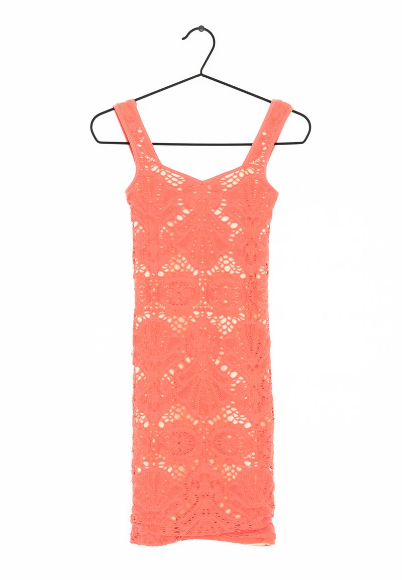 Coral lace dress with a fitted bodycon shape, featuring a scoop neckline and wide straps. Intricate floral patterns throughout.