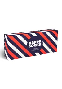 Navy Geschenkschachtel für Socken mit auffälligen rot-weißen diagonalen Streifen. Der Text lautet "HAPPY SOCKS" mit Größenangaben an der Seite.