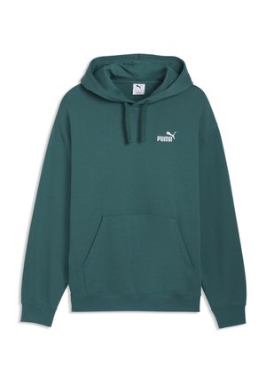 Ciemnozielona bluza z kapturem Puma z kieszenią z przodu, kapturem ze sznurkiem i małym białym logo Puma na piersi.
