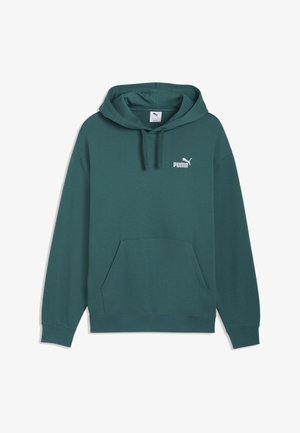 Dunkelgrüner Puma Hoodie mit Fronttasche, Kordelzugkapuze und kleinem weißen Puma-Logo auf der Brust.