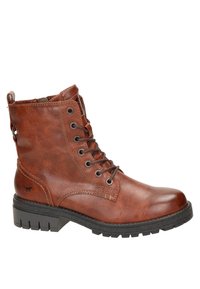 Bottine en faux cuir marron avec une finition texturée, bout rond, lacets à l'avant et une semelle en caoutchouc noir robuste. Dispose d'une poignée à l'arrière.