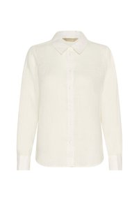 White linen shirt with long sleeves, classic collar, and subtle button front. Soft texture with a lightweight and breathable design.