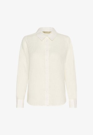 Chemise blanche en lin avec des manches longues, col classique et devant à boutons subtils. Texture douce avec un design léger et respirant.
