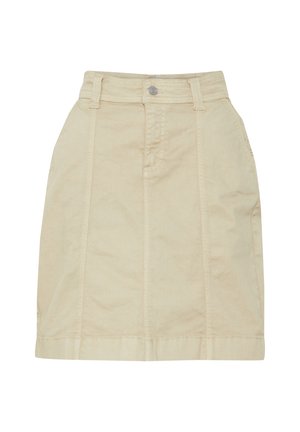 Béžová bavlněná sukně s vypasovaným pasem, předním zapínáním na knoflíky a rovnou siluetou. Obsahuje vertikální švy pro zvýraznění designového detailu.