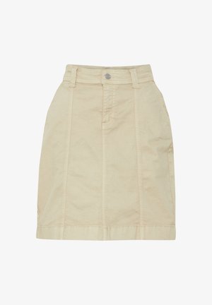 Bež suknja od pamuka s uskim strukom, zatvaranje na gumbe sprijeda i ravni siluetu. Ima okomite šavove za dodatnu dizajnersku notu.