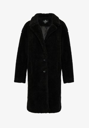 Schwarzer Kunstpelzmantel mit plüschiger Textur, langen Ärmeln, Reverskragen und Drei-Knopf-Verschluss. Verfügt über ein glattes Innenfutter.