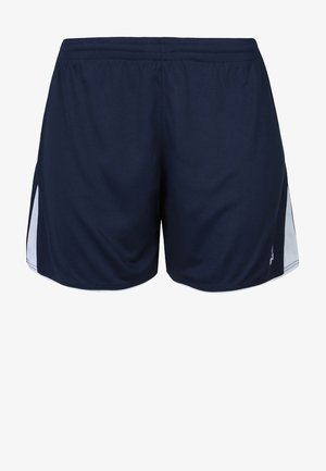 Shorts de sport navy avec des panneaux latéraux blancs, une taille élastique et un tissu léger. Présente un petit logo sur le bas à gauche.