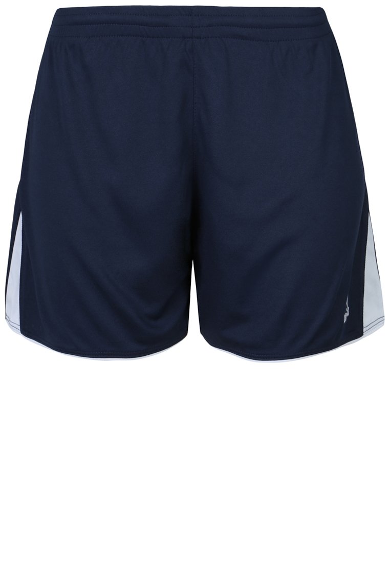 Marineblauwe sportshorts met witte zijpanelen, een elastische tailleband en lichtgewicht stof. Heeft een klein logo aan de onderkant van de linkerzijde.