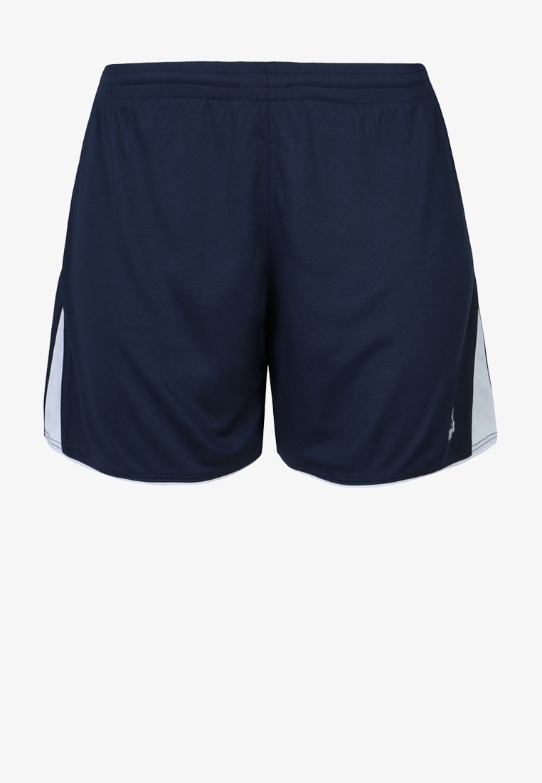 Marineblauwe sportshorts met witte zijpanelen, een elastische tailleband en lichtgewicht stof. Heeft een klein logo aan de onderkant van de linkerzijde.