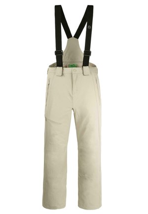 Beige Schneehosen mit verstellbaren schwarzen Trägern, mehreren Taschen und einem geraden Bein-Design. Glatte Textur und minimalistische Details.