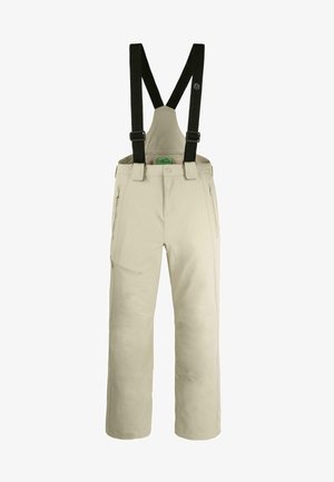 Beige snow pants with adjustable black suspenders, multiple pockets, and a straight-leg design. Smooth texture and minimal detailing.