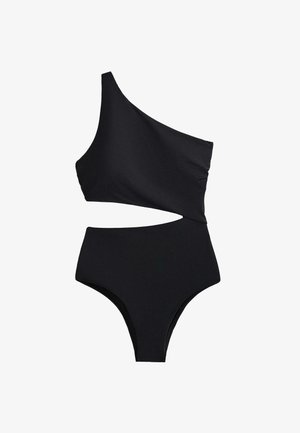 Black one-piece swimsuit featuring an asymmetrical neckline, cut-out design, high waist, and smooth fabric texture.