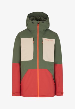 Multikleurige jas met groene, beige en rode panelen, voorzien van een ritsluiting, twee bovenste zakken en een verstelbare capuchon.