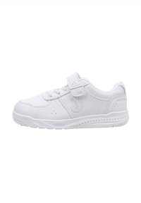 Zapato deportivo blanco con parte superior sintética lisa, detalles texturizados, puntera redonda, correa ajustable y suela de goma. Adecuado para uso casual.