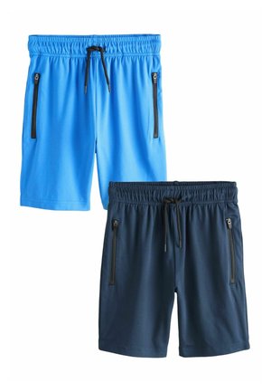 Twee paar heren shorts met trekkoord, één lichtblauw en één donkerblauw, elk met twee verticale ritszakken aan de voorkant.