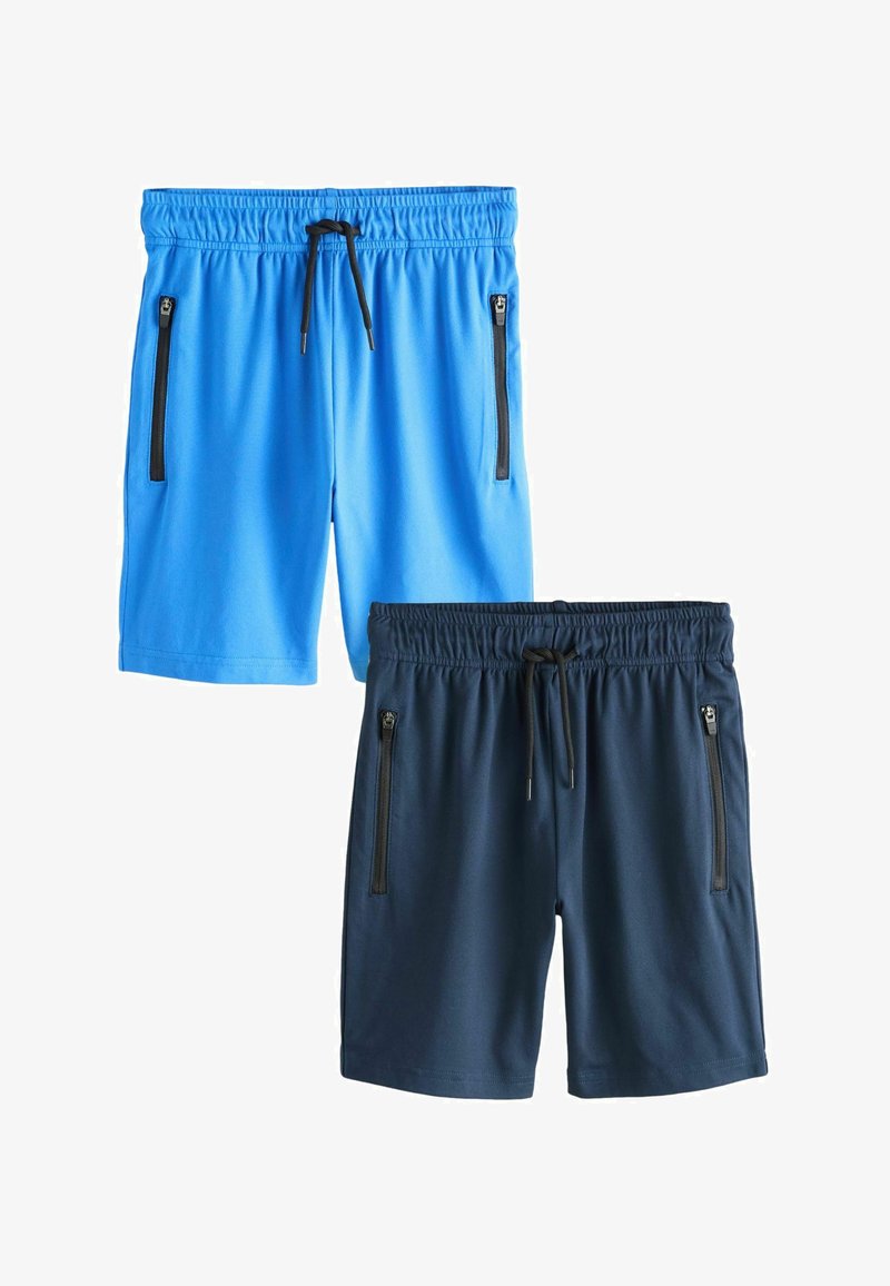 Kaks paari meeste paelaga kohalikke lühikesi pükse, üks helesinine ja üks tumesinine, kummalgi ees kaks vertikaalset tõmblukuga taskut.