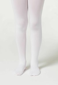 Weiße Strumpfhosen aus glattem, dehnbarem Material. Sie bedecken die Beine und Füße und verfügen über ein nahtloses Zehendesign für Komfort und Passform.