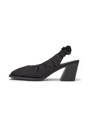 Black slingback pump with a rounded toe and ruched fabric, featuring a chunky heel for added stability and comfort.