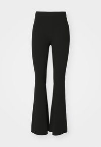 Pantaloni neri a campana realizzati in tessuto elasticizzato, con vita alta e una superficie liscia e senza decorazioni. Design semplice e aderente.