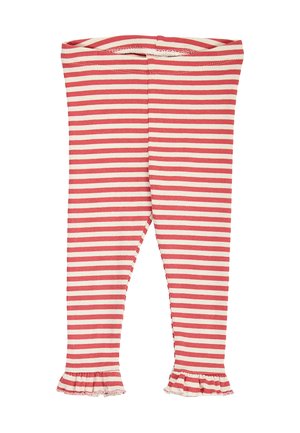 Red and white horizontal striped ribbed baby leggings with elastic waistband and ruffled hems.